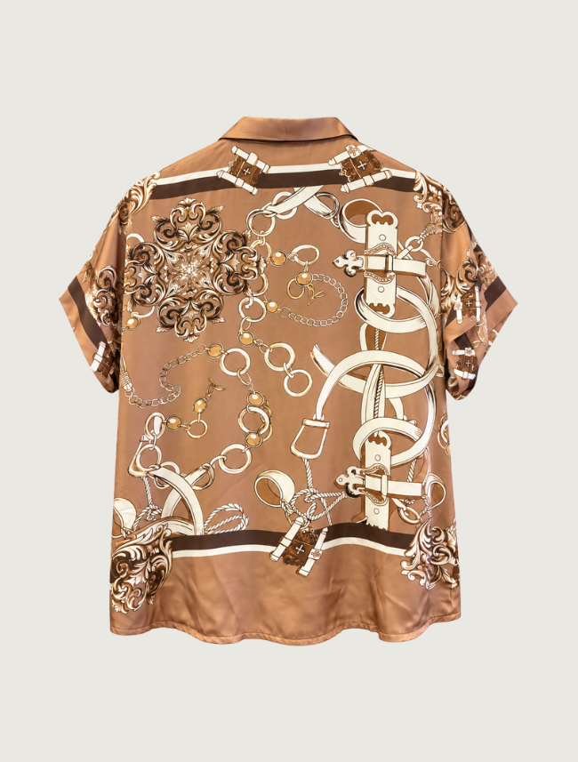 Look Mode Women's Camel Satin Chain Print Shirt