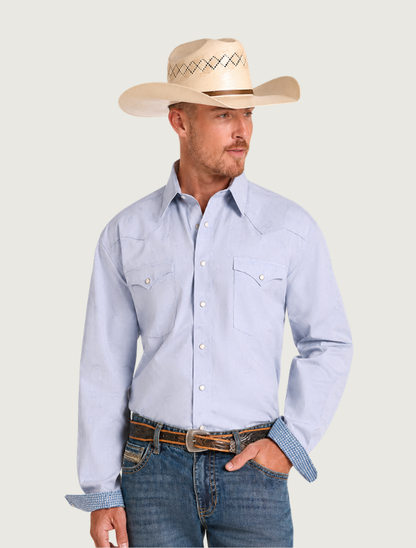 Rock & Roll Denim Men's 2-Pocket Long Sleeve Snap Shirt in Powder Blue