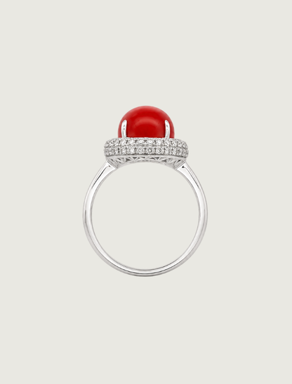 18K White Gold Diamond & Red Coral Ring