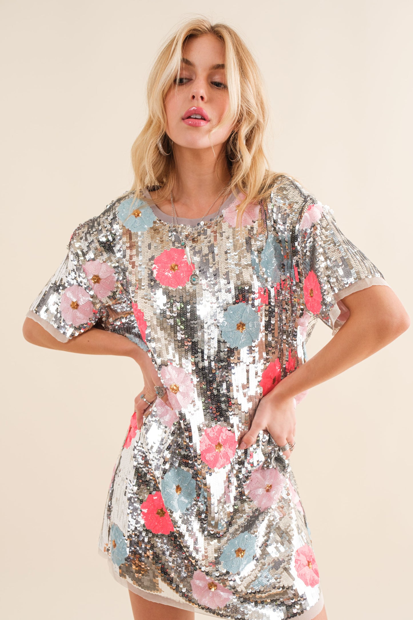 Sequin Flower T Shirt Mini Dress