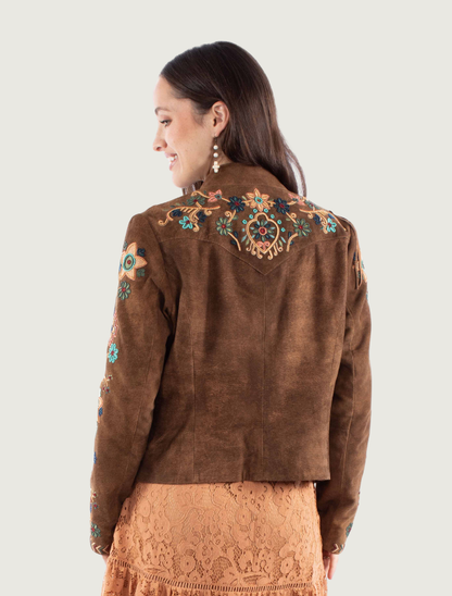Mavericks Women's Brown Embroidered Fringe Suede Jacket