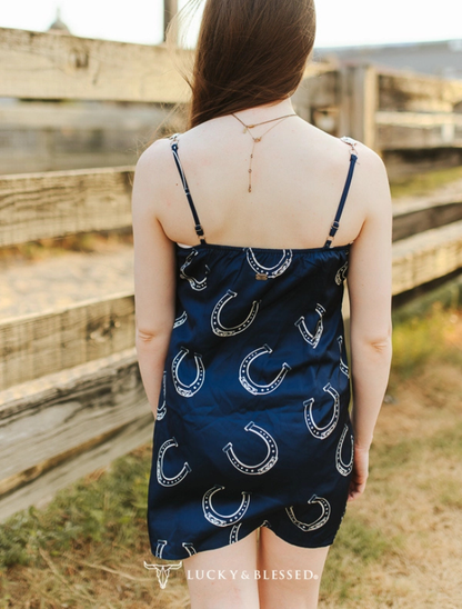 Lucky & Blessed Navy Horseshoe Print Concho Strap Mini Dress