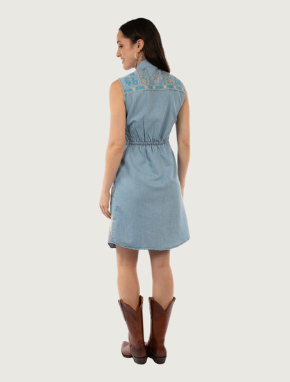 Scully Women's Blue Embroidered Sleeveless Button Front Dress