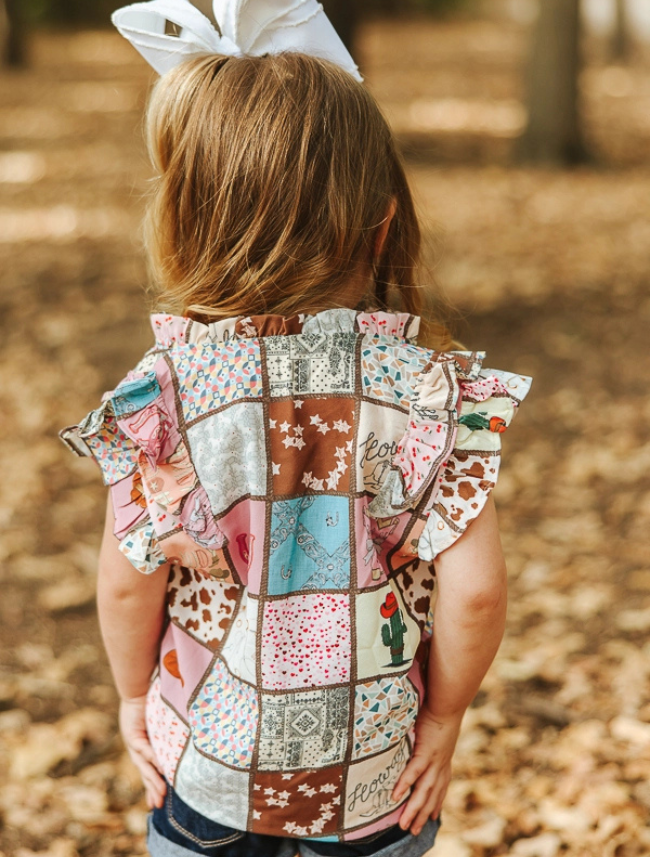 Lucky & Blessed Girls Western Patchwork Ruffle Sleeve Top