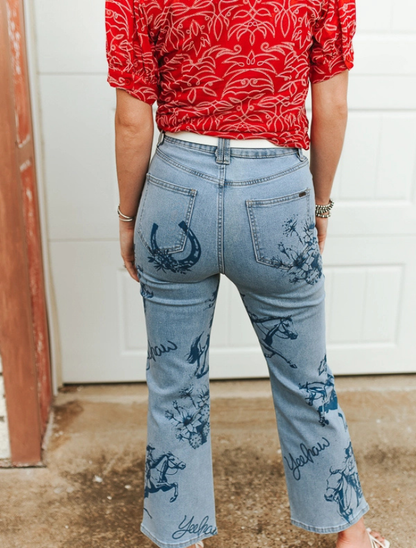 Lucky & Blessed Women's Light Wash Yeehaw Print High Rise Jeans