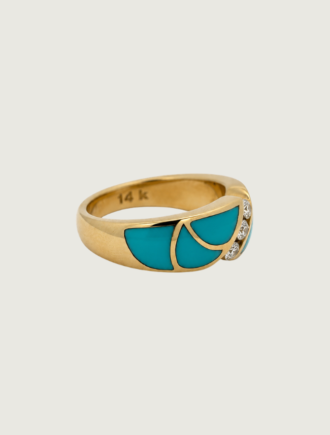 14K Yellow Gold Sleeping Beauty Turquoise & Diamond Ring