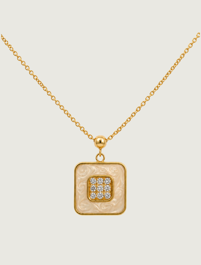 18K Yellow Gold White Enamel & Diamond Necklace