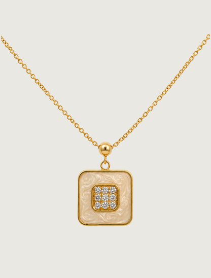 18K Yellow Gold White Enamel & Diamond Necklace