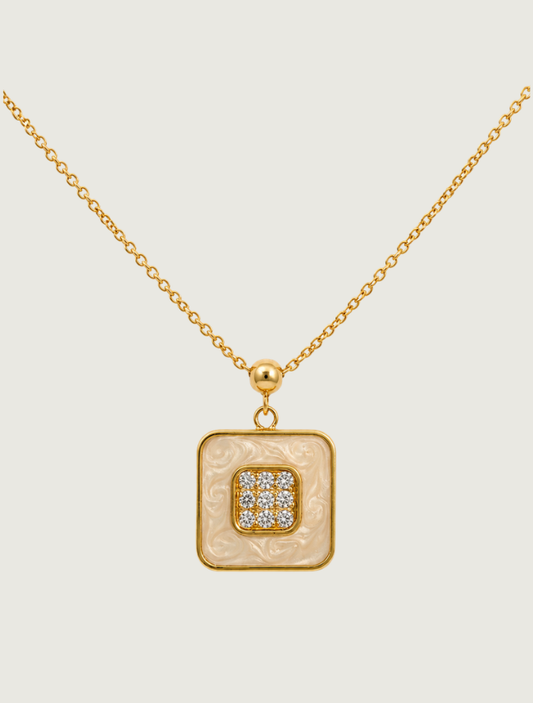 18K Yellow Gold White Enamel & Diamond Necklace