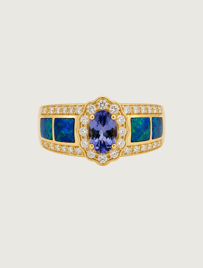 14K Yellow Gold Tanzanite, Opal, & Diamond Ring