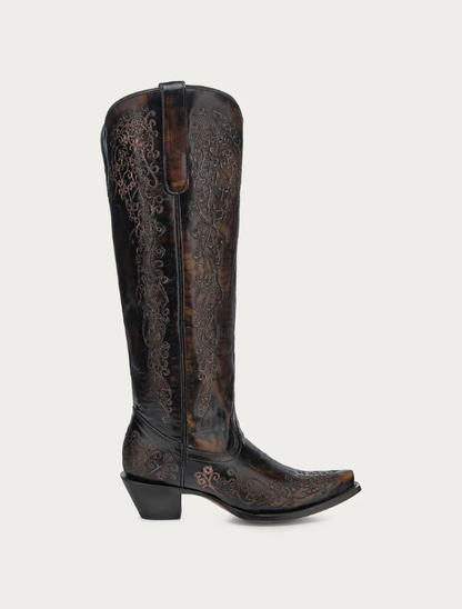 Corral Black & Honey Floral Embroidery Tall Top Cowgirl Boots