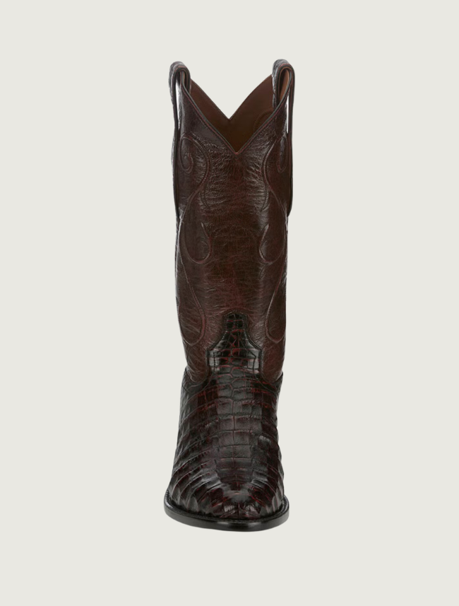 Tony Lama Vicente black cherry caiman cowboy boot — front view