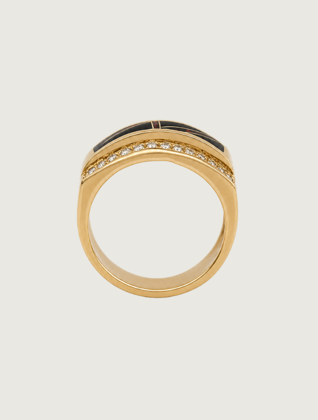 14K Yellow Gold Diamond, Black Jade, & Fire Opal Ring