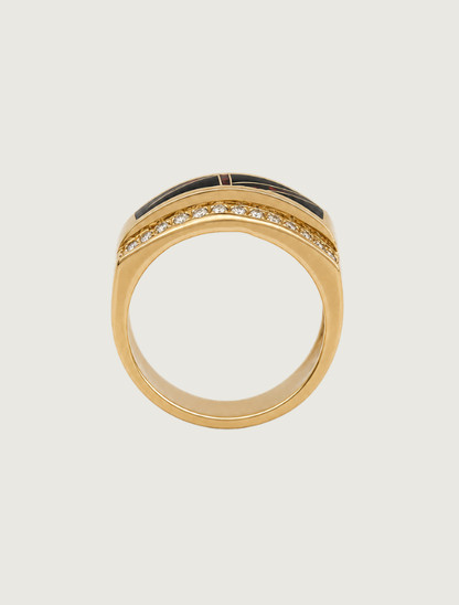 14K Yellow Gold Diamond, Black Jade, & Fire Opal Ring