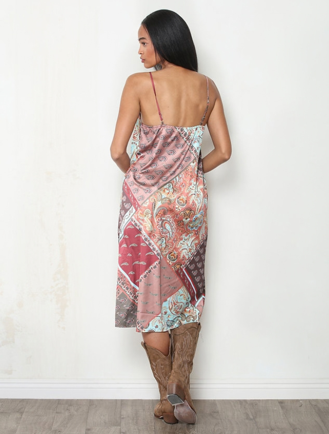 Paparazzi Satin Patchwork Paisley Print A-Line Midi Dress