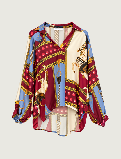 Look Mode Women's Red Satin Horse Print Blouse