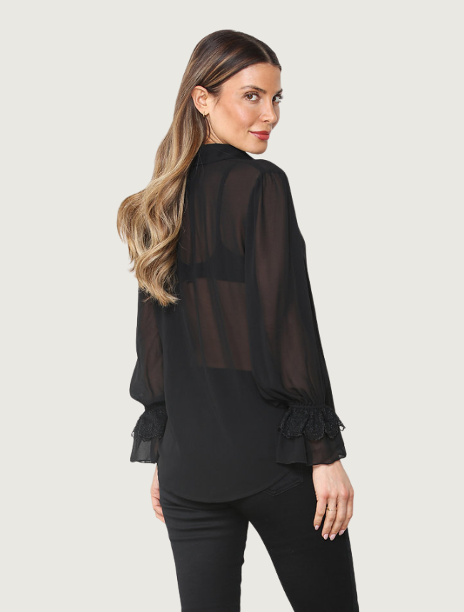 Paparazzi Lace Ruffle Georgette Blouse in Black