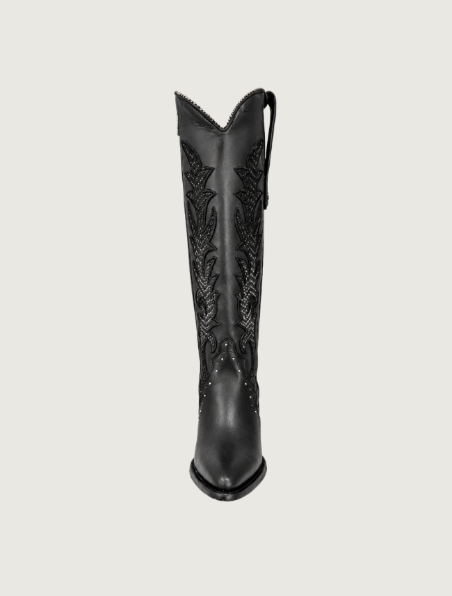 Cuadra Black Embroidery & Studs Zippered Cowgirl Boots