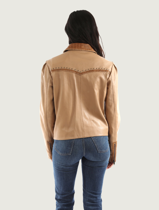 Mavericks Honey Studded Croc-Embossed Trim Leather Jacket