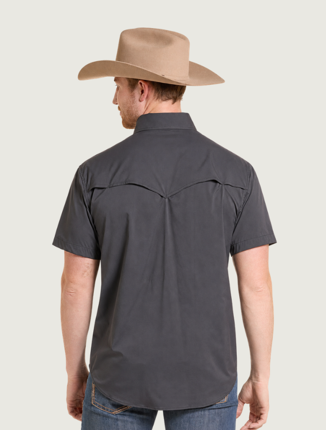 Back view of black Rock & Roll Denim Nylon TEK short sleeve shirt on model