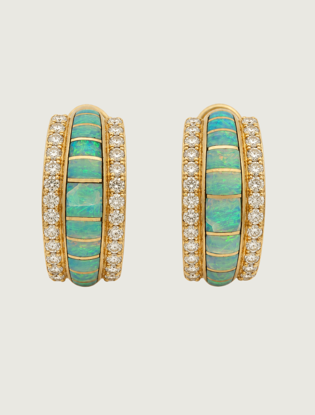 14K Yellow Gold Opal & Diamond Earrings
