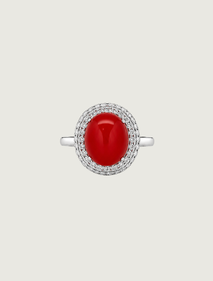 18K White Gold Diamond & Red Coral Ring