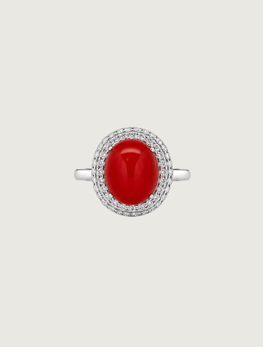 18K White Gold Diamond & Red Coral Ring