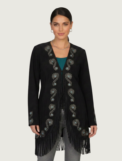 Mavericks Turquoise Studded Embroidered Fringe Suede Coat