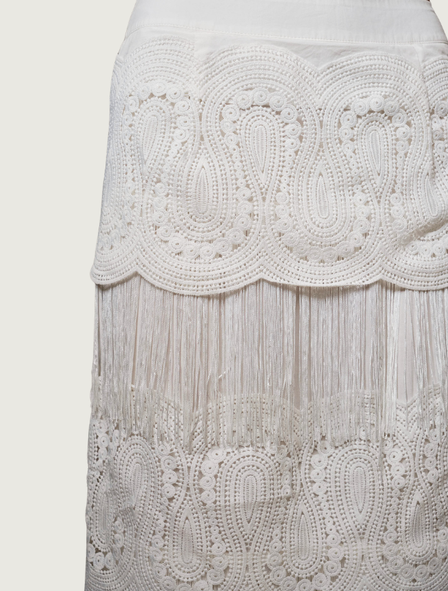 Mavericks Lace Fringe Tiered Maxi Skirt in Off White