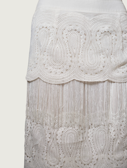 Mavericks Lace Fringe Tiered Maxi Skirt in Off White