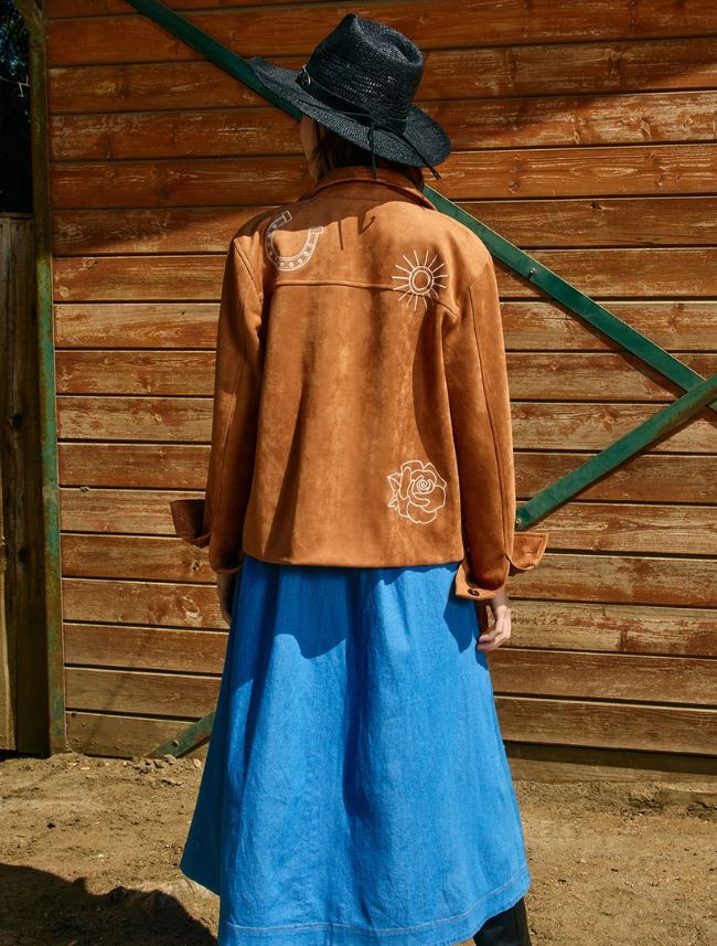Raisonnel Embroidered Camel Faux Suede Jacket
