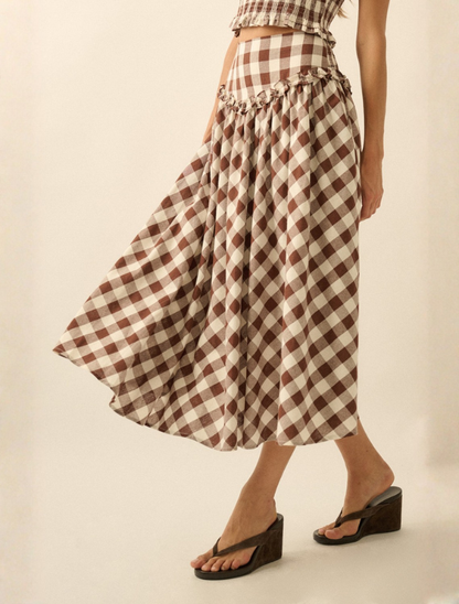 Promesa Gingham Drop Waist Ruffle Trim Midi Skirt