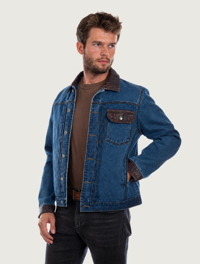 Men's Denim & Leather Button-Up Jacket