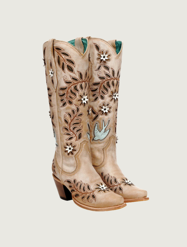 Corral Straw Laser, Flowers & Birds Inlay Cowgirl Boots
