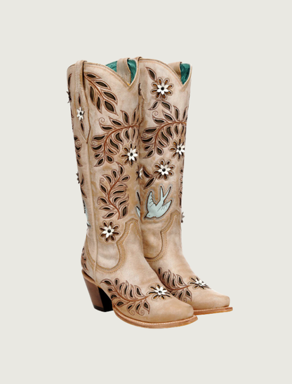 Corral Straw Laser, Flowers & Birds Inlay Cowgirl Boots