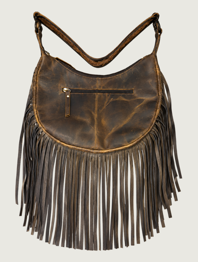 Mavericks Brown Fringe Hobo Bag with Cowhide & Tooled Leather Strap