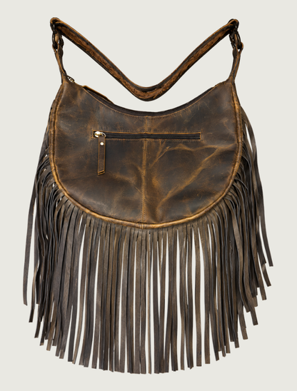Mavericks Brown Fringe Hobo Bag with Cowhide & Tooled Leather Strap