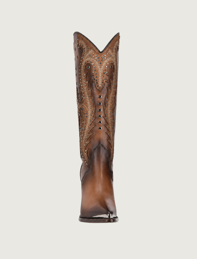 Cuadra Honey Cowhide Embroidery & Studs Cowgirl Boots