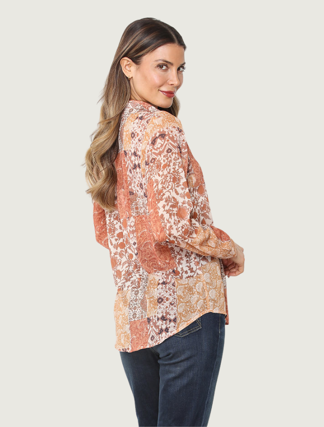 Paparazzi Vintage Patchwork Print Button-Up Shirt in Terracotta