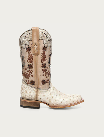 Corral Women's Floral & Horseshoe Embroidery Cowhide & Ostrich Cowboy Boot