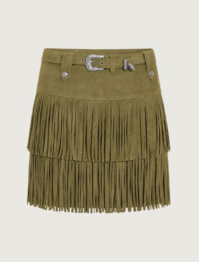 Rock & Roll Denim Fringe Microsuede Skirt