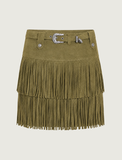 Rock & Roll Denim Fringe Microsuede Skirt