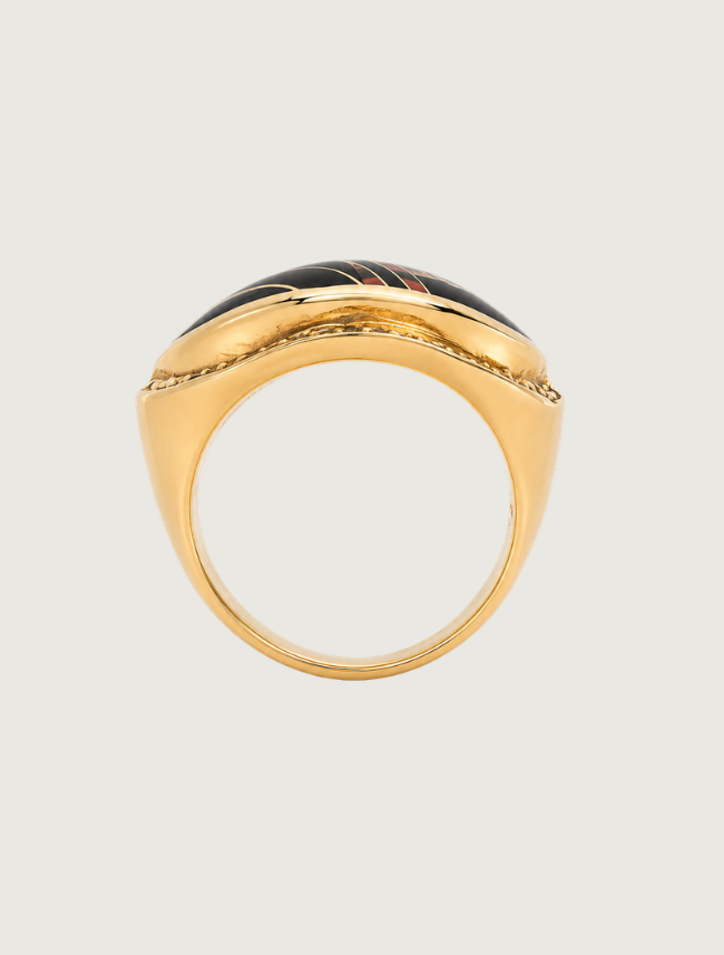 14K Yellow Gold Diamond, Black Jade, & Fire Opal Ring