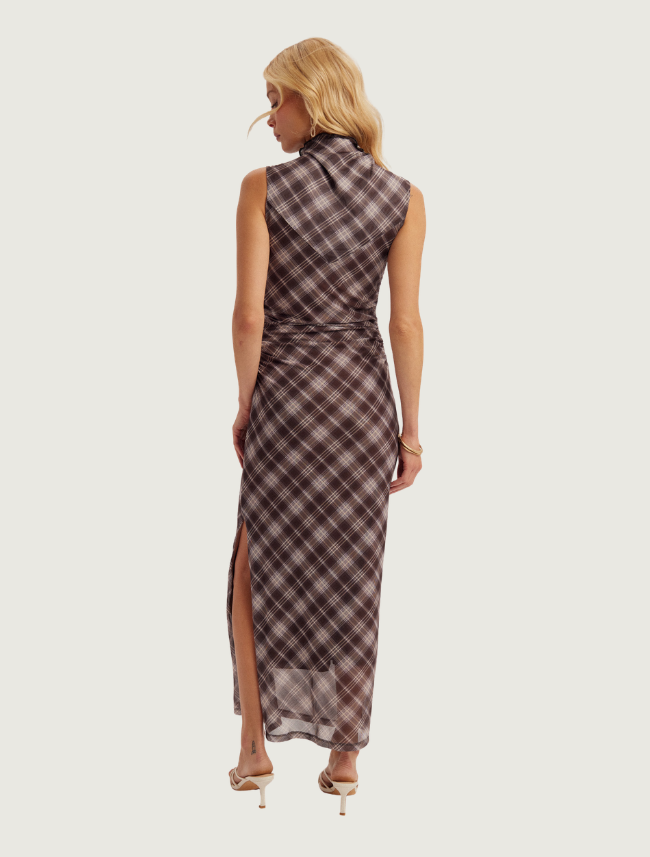 Hem & Thread Brown Plaid Mesh Maxi Dress