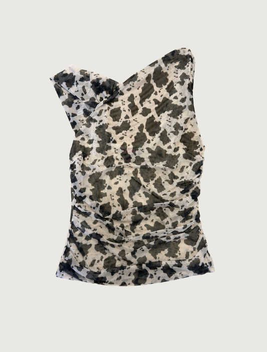 Rock & Roll Denim women's sheer mesh tank in an olive and cream cowhide print, front view, off model