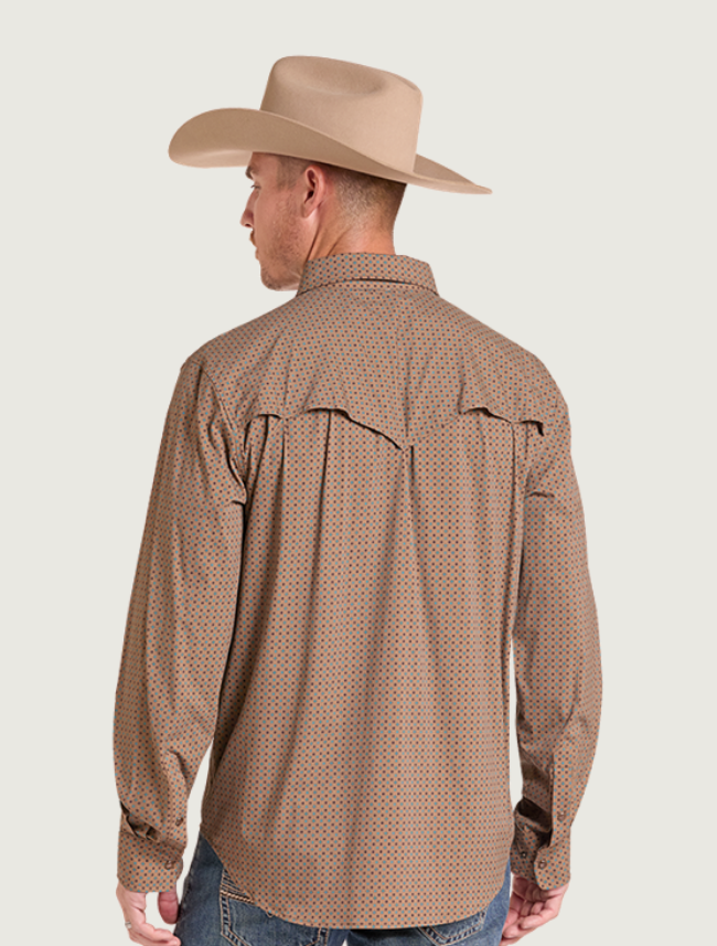 Rock & Roll Denim Men's Micro Geo Print TEK Core Long Sleeve Shirt in Camel
