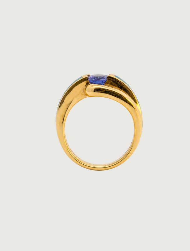 14K Yellow Gold Tanzanite, Opal, & Diamond Ring