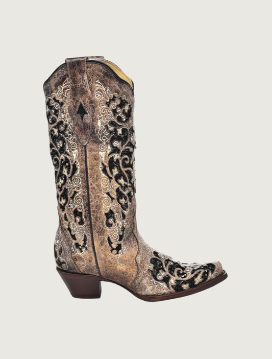 Corral Brown Cowgirl Boots with Black Glitter Inlay & Crystals