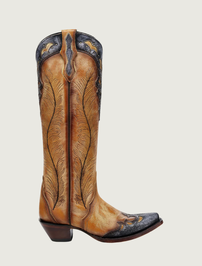 Corral Yellow Feathers Crackled Overlay Tall Top Cowgirl Boots