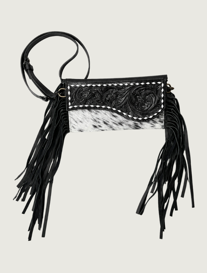 Mavericks Tooled Leather Fringe Bag with Speckled Cowhide